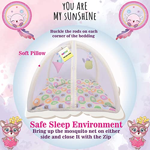 Image of Kwitchy Baby Bedding Set New Born Baby Bed | Mattress | Mosquito Net | Play Gym | Playmats | Floor Gym | Cotton | Infants | Gift Pack | Bed with Hanging Toys (0-6 Months) Yellow