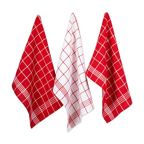 DII Waffle Weave Kitchen Collection 100% Cotton, Machine Washable, Fast Drying and Absorbent, Dishtowel Set, Red 6 Piece