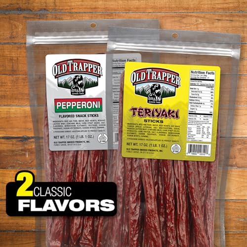 Image of Old Trapper Teriyaki Snack Sticks, 17-Ounce Resealable Bag, Natural Wood Smoked Meat Sticks, 9 Grams of Protein and 150 Calories per Ounce (Pack of One)
