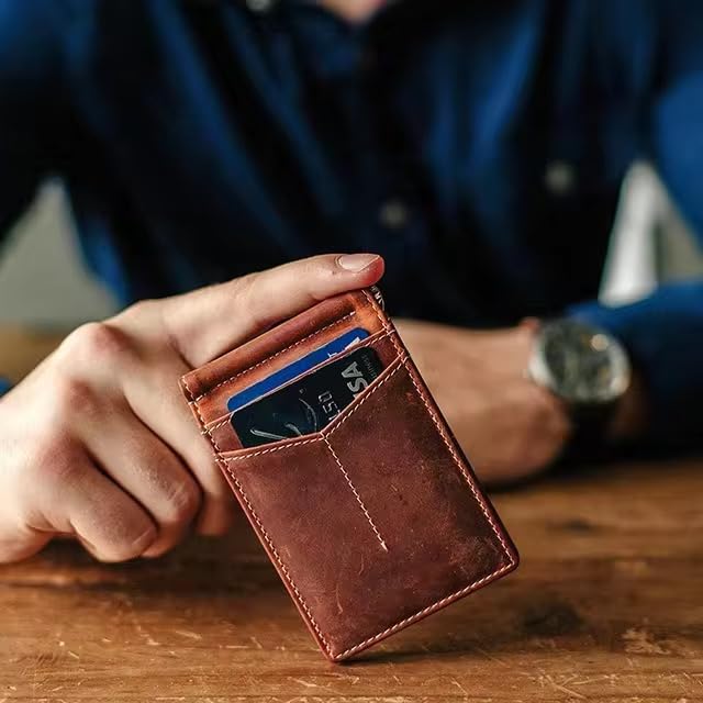 Image of Genuine Leather Slim Wallet | RFID Blocking Bifold Men's Purse | Front Pocket Card Holder | 9 Card Slots, 1 ID Window | Card Puller, 2 Hidden Pockets | Travel and Office Carry (B Tan)