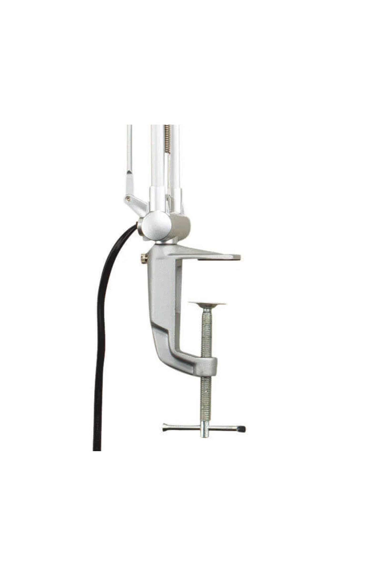MAUL Schreibtischlampe silber MAULoffice Klemmfuß Standfuß E27 LED warmweiß | flexibler Doppelarm, drehbarer neigbarer Kopf, schattenarmes Licht von oben, austauschbare E27 LED, sicherer Halt am Tisch