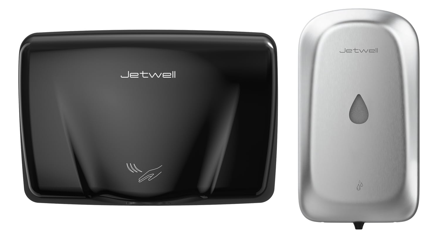 JETWELL Compact Commercial Black Stainless Steel Hand Dryer for Bathroom and Wall Mount Automatic Touch-Less Stainless Steel Hand Soap Dispenser- Automatic Hand Dryer and Wall Mount Soap Dispenser