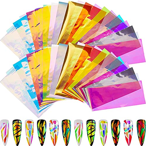 100 Pieces Iridescent Nail Art Glass Paper Cellophane Holographic Diy Mixed Colors Broken Glass Paper Reflective Mirror Foils Nail Art Stickers Dichroic Film Designs #TOP27