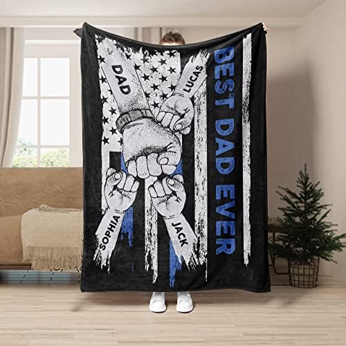 SuperBingo Best Dad Ever Blanket Dad & Fist Bump with Us Flag Blanket Gifts for Daddy Papa Grandpa Gift from Daughters Sons Kids Custom Name Blanket for Fathers Day 4th of July