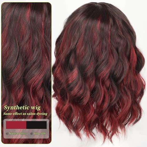 Image of AISI HAIR Synthetic Wavy Curly Bob Wig with Bangs Brown Mix Wine Red Short Hair for Women Synthetic Heat Resistant Bob Wigs