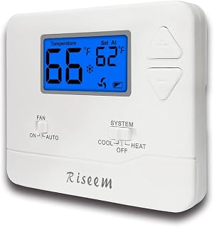 Riseem Non-Programmable Thermostat 1H/1C Single-Stage, Easy DIY Install, Blue Backlight LCD - Compatible w/ Most Home Systems