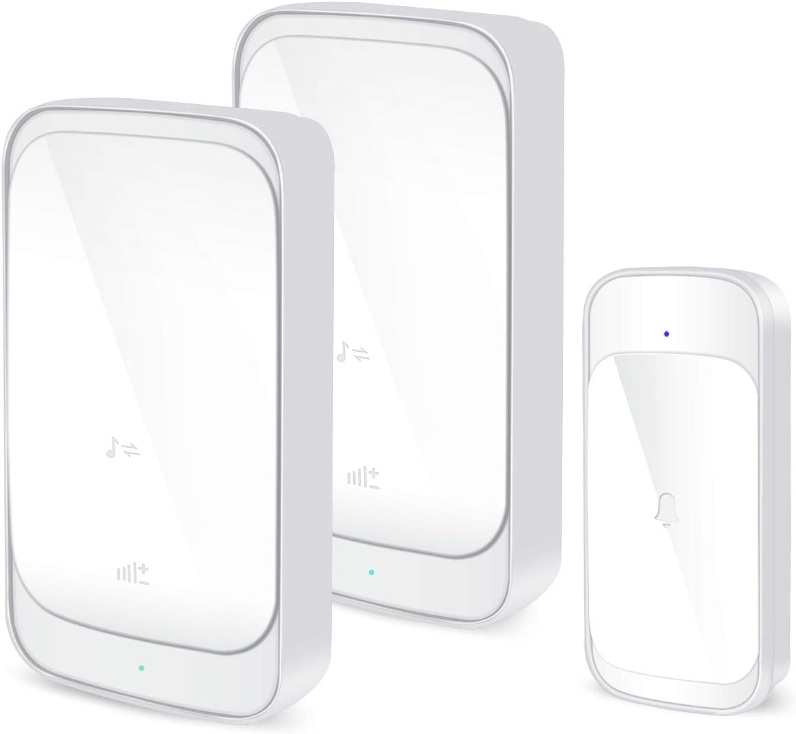 Wireless Doorbell Waterproof, Yvelines Induction Touch Door Bell, Remote Cordless Door Chimes with 1 Push Button Transmitter (Battery Included) and 2 Plug-in Receivers, White