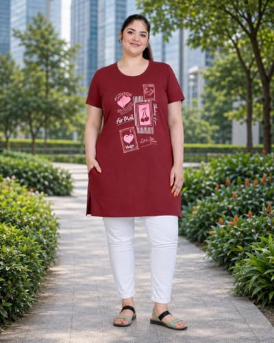 Image of In Love Women's Printed Cotton Plus Size Longline T-Shirt with Pockets | Cotton fabric - soft longline T-shirt with easy plus-size fit