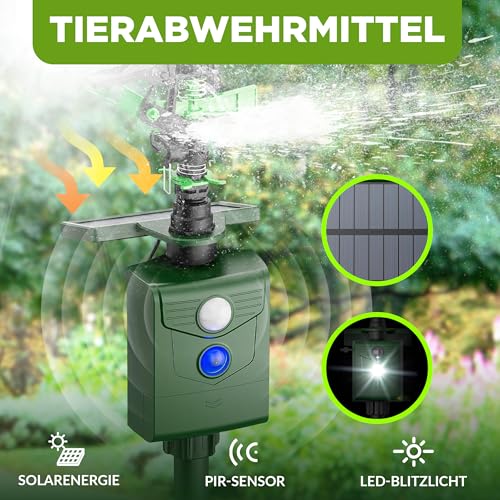 ISOTRONIC Strumień wody plus światło odstraszacz zwierząt | zasilany energią słoneczną odstraszacz psów i kotów | odstraszacz ptaków i czapli do ogrodu | czujnik ruchu I regulowany zasięg I ochrona