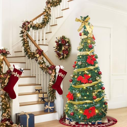 6ft Collapsible Christmas Tree, Pre-Decorated Xmas Tree with 200 Warm Lights, Pop Up Christmas Tree with Gold and Red Balls, Bows, Flowers for Home Party Holiday Decorations