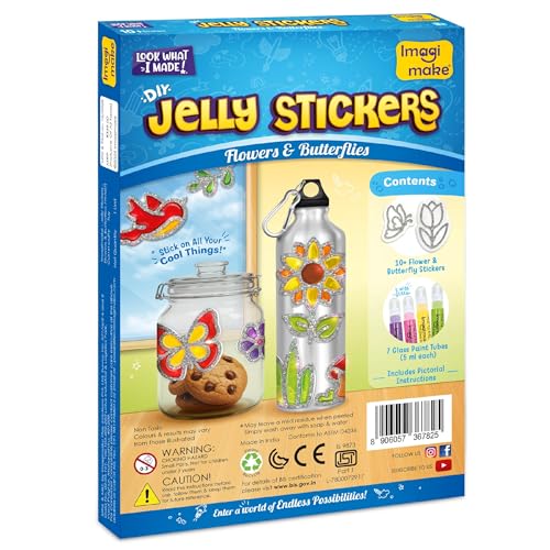 Image of Imagimake DIY Jelly Stickers | DIY Return Gift | Craft Kit | Age 3+ | 10+ flower & butterfly designs, 7 non-toxic glass paints & glitter outline; paint, peel & stick glossy jelly stickers at home