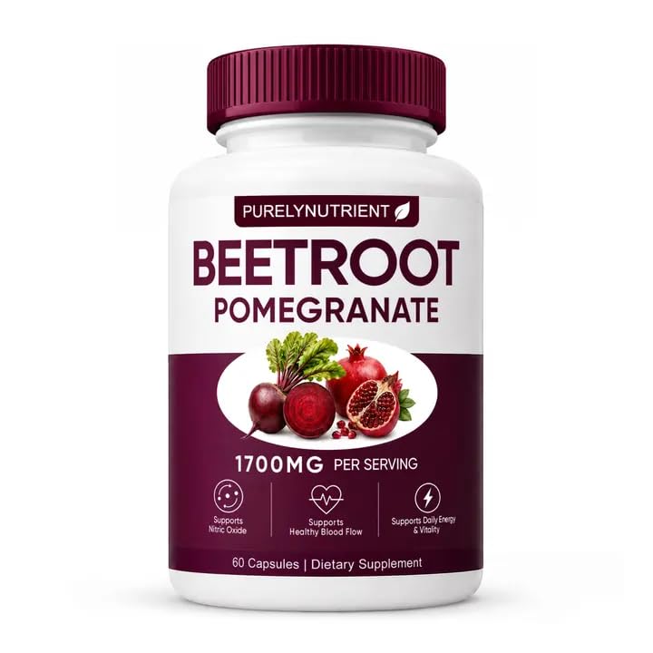 Beet Root + Pomegranate Supplement with 1200mg Beetroot & 500mg Pomegranate Extract, for Nitric Oxide Support, Healthy Circulation, Energy & Performance, 60 Capsules 60 Count (Pack of 1)