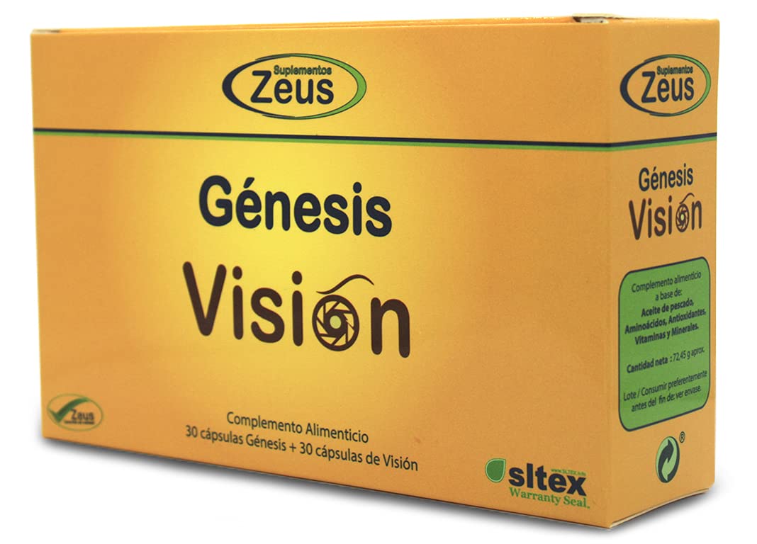 GÉNESIS VISIÓN suplementos zeus Contribuye al mantenimiento de la visión. Alimenticio a base de Aceite de pescado, Aminoácidos, CoQ10, Luteína, Astaxantina, Vitaminas y Minerales 60 Cap
