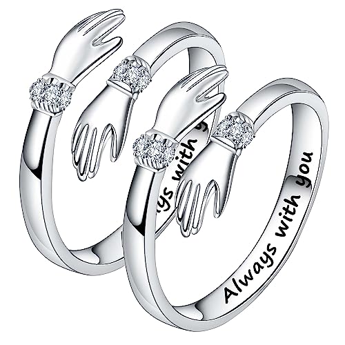 2Pcs Always with You 925 Silver Hug Ring for Women Teen Girls, Adjustable Ring Jewelry Promise Ring, Best Birthday Gift Christmas Gift