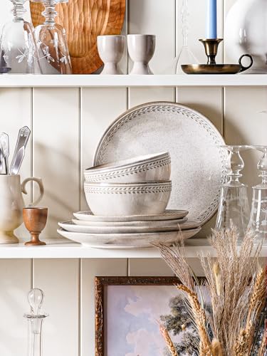 Image of LE TAUCI Plates and Bowls Sets for 4, 12 Piece Ceramic Dinnerware Sets, Kitchen Stoneware Dish Set, Chip Resistant, Microwave & Dishwasher Safe, Reactive Glaze Beige (8 inch&10 inch Plate, 27oz Bowl)