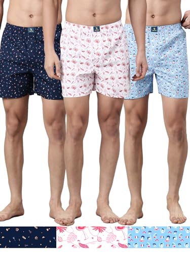 Image of JOVEN Men White, Navy Blue and Blue Printed Compact Cotton Regular Fit Boxer Shorts Pack of 3