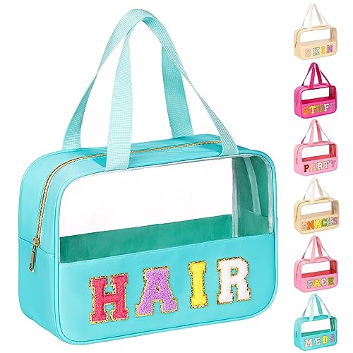 eurovicky Chenille Letter Patch Clear Makeup Bag, Preppy PVC&Nylon Makeup Bag with Handle and Zipper, Waterproof Large Clear Travel Toiletry Bag Storage Bag for Women