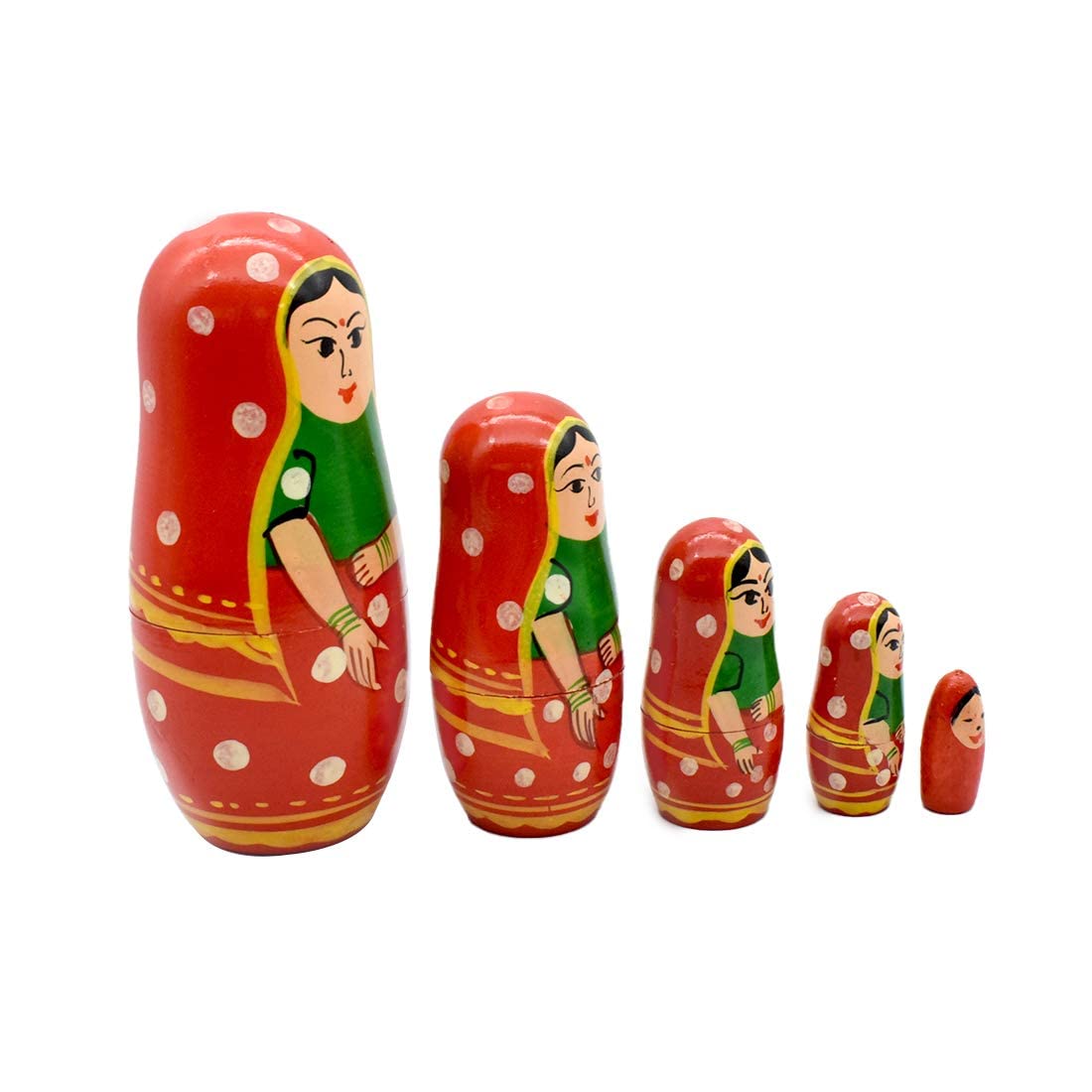 Funwood Games Hand Painted Indian Traditional Wooden Nesting Dolls - Set of 5 Matryoshka Stacking Dolls, Lady in Red Saree Design - Perfect for Kids' Gifts and Decor 2