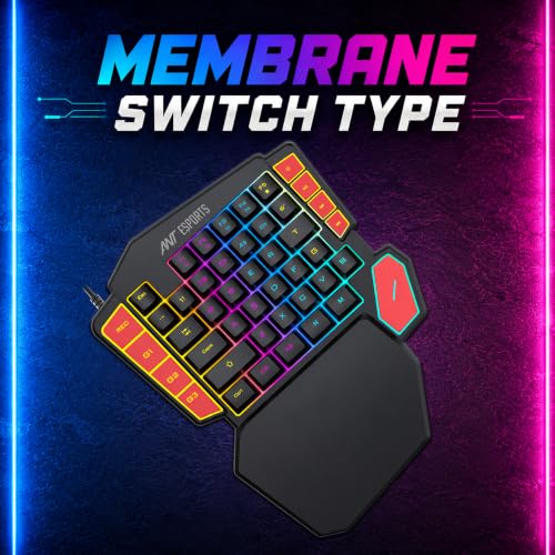 Image of Ant Esports MK1005 One Hand Gaming Keyboard - 45 RGB Backlit Keys, 3 Macro Keys (G1-G3) + REC Key, WASD /Arrow Key Swap, Ergonomic Wrist Rest, USB Type-C OTG Adapter for PC, Laptop & Mobile Gaming