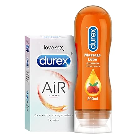 Durex Air Condoms for Men - 10 Count with Durex Lube Stimulating Massage and Lubricant Gel for Men & Women - 200ml | Water based lube|Suitable for use with toys