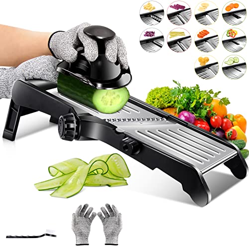 Almcmy Adjustable Mandoline Slicer, 5-in-1 Professional Food Slicer for Kitchen, Stainless Steel Vegetable Slicer for Cheese Carrot Potato Onion - Send Blade Guard & Cut Resistant Gloves