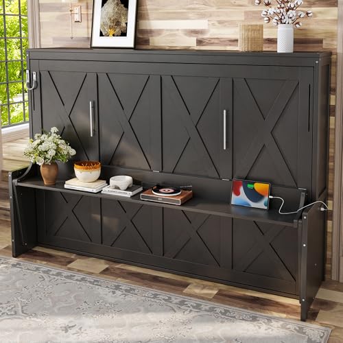 Image of KEIKI Queen Size Horizontal Cabinet Murphy Bed with Desk, Solid Slats, Gray