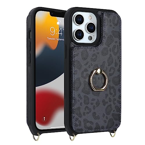 Image of for iPhone 13 Pro Max /iPhone 12 Pro Max Case with Card Holder for Women,Crossbody Strap Lanyard,Credit Card Holder,Ring Stand,Snap Clasp,Cute Wallet Case 6.7 inch (Black Leopard)