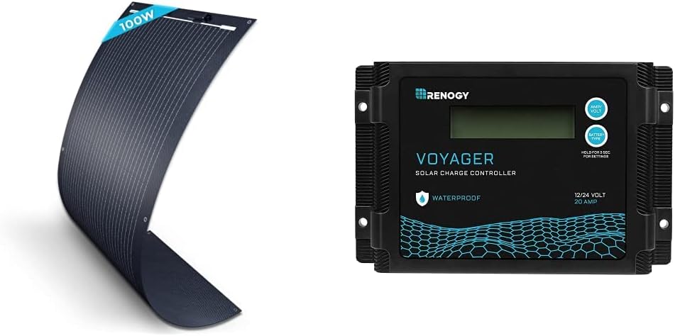 Renogy Solar Panel 100W 12V Lightweight Semi Flexible Black Division Monocrystalline Bendable Mono Off-Grid Charger and Renogy Voyager 20A 12V/24V PWM Waterproof Solar Charge Controller Bundle