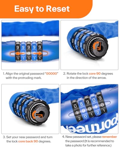 Image of Sportneer Bike Lock: 5 Digit Combination High Security Anti Theft Bike Chain Lock - 3.6ft Heavy Duty Keyless Bicycle Lock for Bike, Motorcycle, Scooter, Door & Gate - 6mm Thick, Easy to Use, Blue