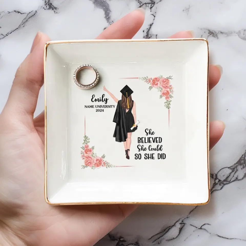 Joy Crafters A Sweet Ending To The New Beginning, Personalized Trinket Tray Ring Dish, 2025 Graduation Gifts for Her, High School Masters Degree, College Graduation Gifts, Custom Ring Holder for Women