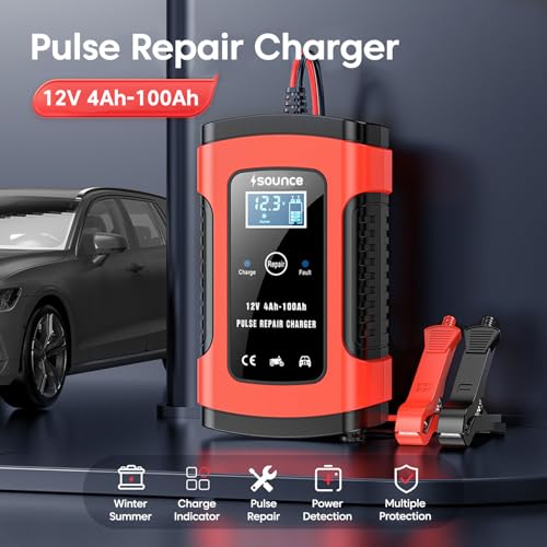 Image of Sounce Fully Automatic 12V 5A Battery Charger & Maintainer Smart Car Battery Charger with Pulse Repair & Intelligent Digital Display EU Plug Compatible with Car, Motorcycle, Lawn Mower & More - Red