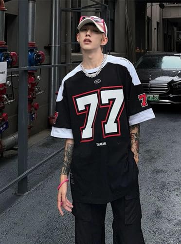 Image of THALASI Men Cotton Jersey Aesthetic Oversized T shirts for Men | Sports Jerseys T-shirts & Half Sleeve Round Neck Printed Tshirt for Mens - Down Shoulder Loose & Baggy Fit Korean T shirt for Man & Boy