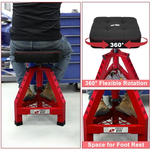 Image of Adjustable Shop Stool,Garage Mechanic Stool Chair,Work Seat for Workshop, Adjustable Height, 360 Swivel Padded Square Seat,Tool Storage, 350 LBS Capacity, Heavy Duty, Red
