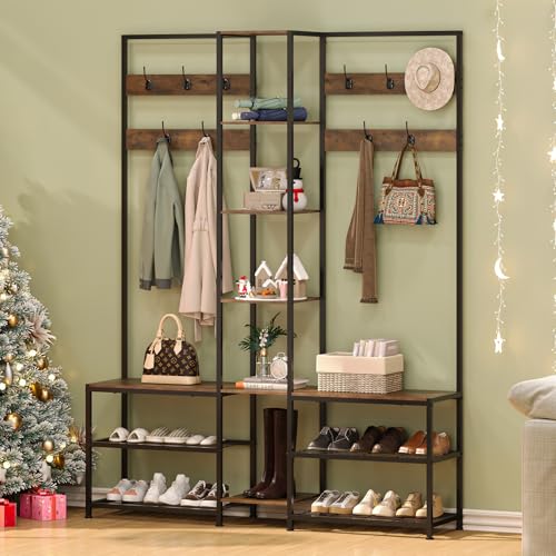 GiftGo Corner Hall Tree with Shoe Rack Storage Bench Display Open Shelves Modern Industrial Entryway Coat Rack Stand for Home Living Room Mudroom Bedroom Multifuncitonal 5 in 1 (Rustic Brown, Large) by GiftGo - Image 5