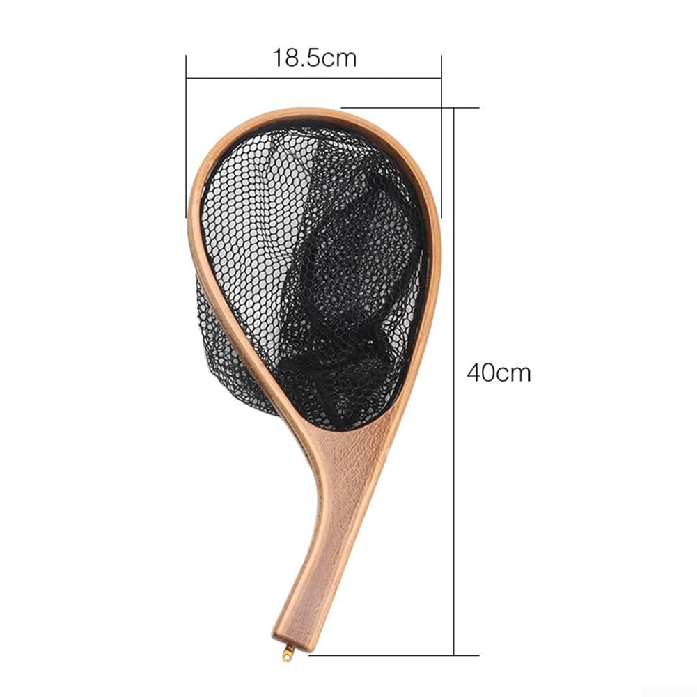 Red de pesca con mosca, mango de madera, malla negra, 38 cm