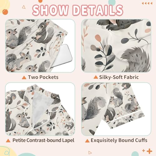 senya Cute Squirrel Grey Satin Summer Pajama Sets Silk Short Sleeve Button Down Sleepwear3