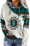 Western Tops for Women Vintage Graphic Hoodie Pullover Long Sleeves Cow Girl Aztec Ethnic Shirt Gree