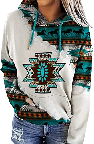 Western Tops For Women Vintage Graphic Hoodie Pullover Long Sleeves Cow Girl Aztec Ethnic Shirt Green Xl #TOP18