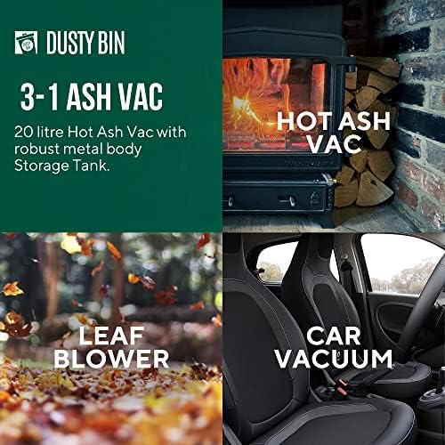 Dusty Bin Ash Vacuum Cleaner - 3 In 1 Hot Ashes Vac for Fireplace, Wood Burning Stove, Log Burner, BBQ, Fire Pit, Car Dirt Cleaning, Blow Function & Hepa Filter, Large 20L Canister, DB-06