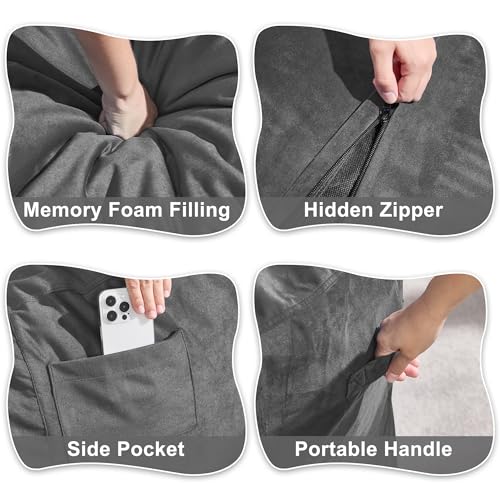 Image of Hobestluk Adults Bean Bag Chair 4FT Big BeanBag Chair Extra Large Oversized | Memory Foam,Washable Cover,Side Pocket,Handle,Lightweight Round Dorm Chair Large Adult Bean Bag Study Room Gaming | Grey 4FT