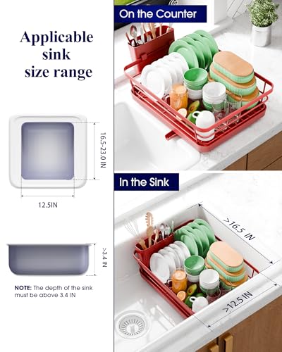 Kitsure Dish Drying Rack for Kitchen Counter, Stainless Steel Sink Organization and Storage Essentials with Cutlery Holder, Home and Appartment Decor, 12''W x 15.5''L, Red