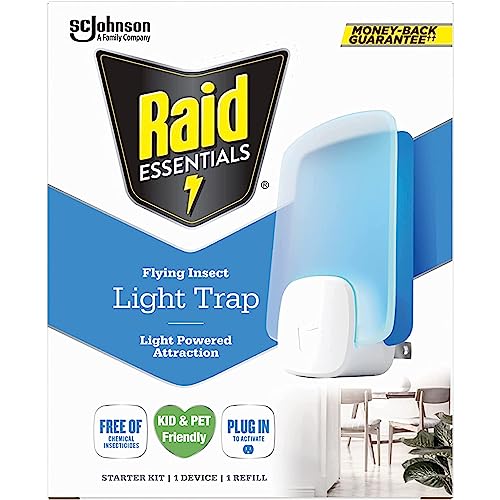 Raid Essentials Flying Insect Light Trap Starter Kit, 2 Plug-In Devices + 2 Cartridges, Featuring Light Powered Attraction