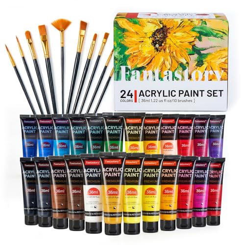Image of Fantastory 36ml 24 Colors Acrylic Paint Set with 10 Brushes | Excellent Coverage, High Light Fastness, Waterproof, Includes Extra White & Gold, for Canvas, Wood, Ceramics, Models