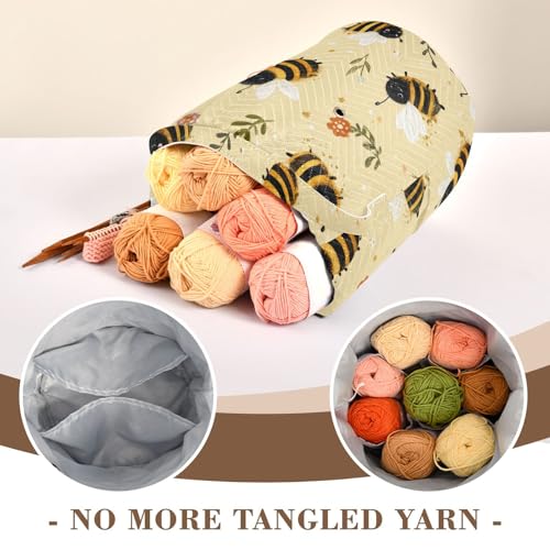 Image of Tatenale Crochet Bag Yarn Bag Knitting Project Bag with Pockets and Handle Portable Yarn Storage Organizer Tangle Free 8.3x11 InchLight Yellow Bees Flowers Dots24