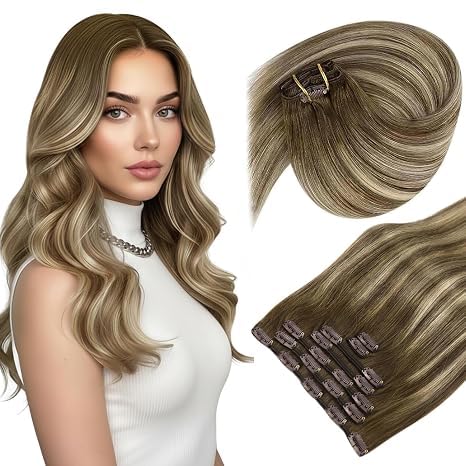 Image of Sunny Hair Clip in Hair Extensions Real Human Hair Brown Balayage 120g | Real Hair Extensions Clip in Human Hair 20inch, Olive Brown to Blonde, Add Length and Natural Volume for Weekend Hairstyle