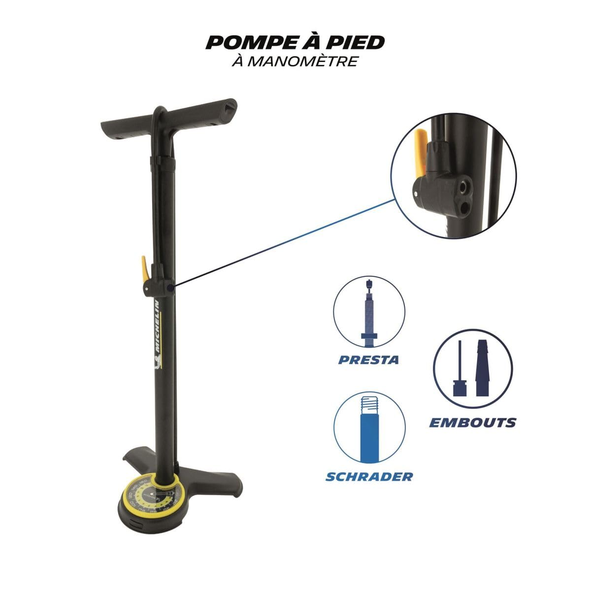 Pompe à Pied en Acier MICHELIN avec Manomètre - Pompe à Vélo Tri-Valve Compatible VTT, VTC, VAE