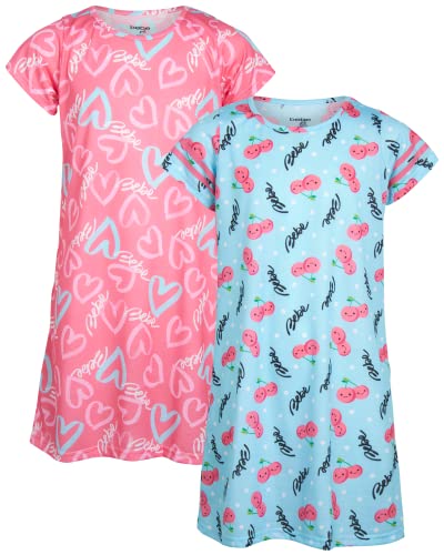 Bebe Girls' Pajamas - 2 Pack Short Sleeve Sleep Shirt Nightgown (Size: 5-16), Size 10/12, Light Blue/Pink/Cherries #TOP30