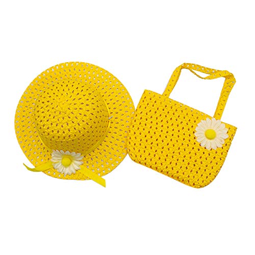 Auear 3 Set Girls Straw Hat And Purse Set Tea Party Summer Beach Sunflower Daisy Flower Sunhats Blue Yellow Pink #TOP7