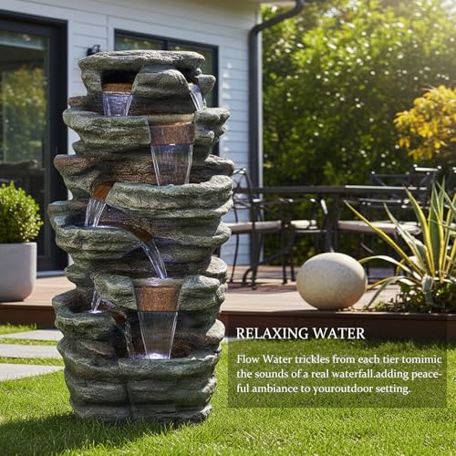 Image of SunJet 48 inch High 7-Tiers Cascading Rock Outdoor Water Fountain with LED Lights - Large Outdoor Fountains and Waterfalls for Garden or Patio, Yard, and Deck Decor, Featuring Natural Stone Look