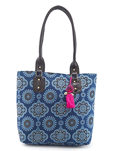 Image of NEPRI Office Pouch Tote Bag | Stylish Set of 2 Tote Bags for Women| Vegan Leather & Handblock Printed Fabric Handbag with Double Handle Shoulder Strap| Daily & Travel Use